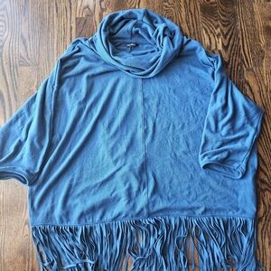 Terre Bleue women's cowl neck fringe sweater in a blue color